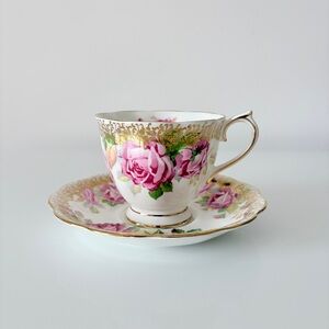 Royal Albert Pink Roses and Gold Filigree Teacup and Saucer Bone China England
